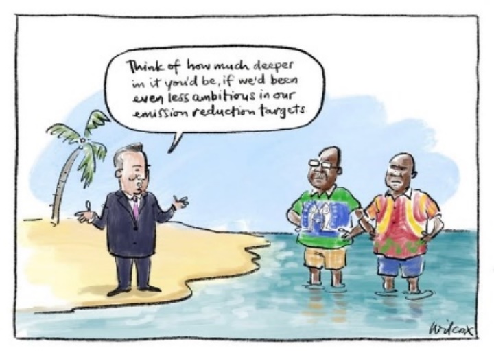 May be a doodle of text that says "Think of how much deeper in け you'd be, if we'd been even less ambitious in our emission reduction targets. ets. บย wilcox"